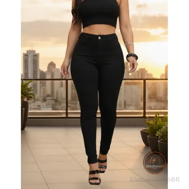 Calça Jeans Feminina Empina Bumbum Cintura Alta Lycra Preta