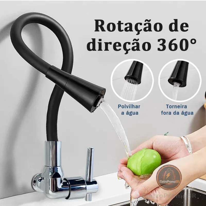 Torneira Cozinha Parede Preta Flexível Duplo Jato Cone 1/4 De Volta