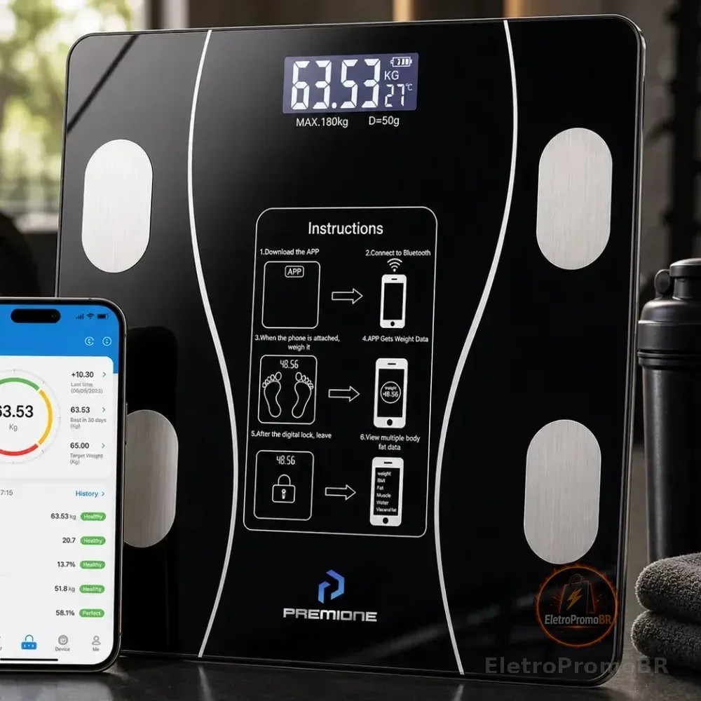 Balança Digital Bioimpedância Inteligente Bluetooth Mede Gordura Corporal Imc Massa Muscular App Android Ios Até 140kg Preto 3v