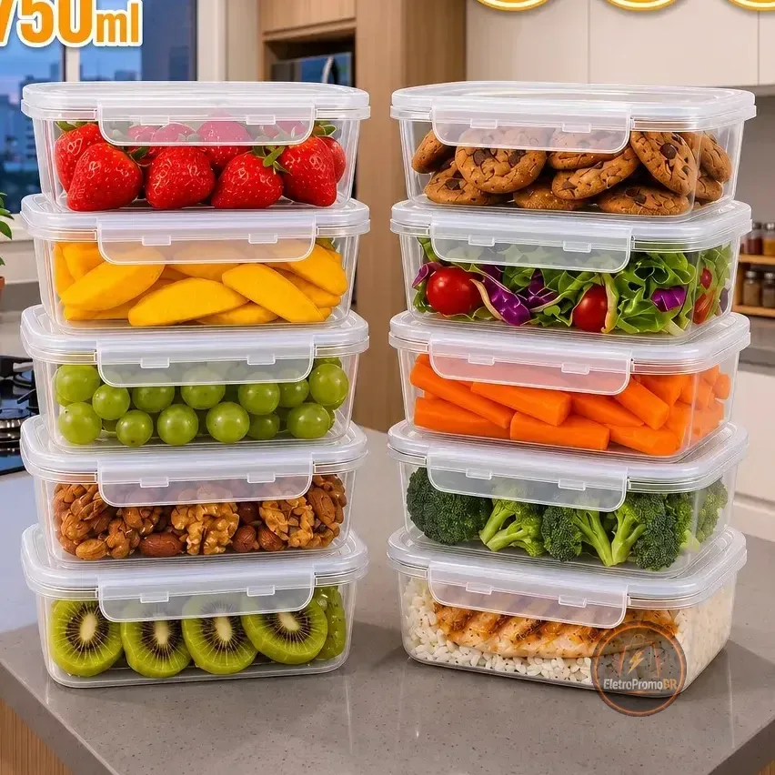 Kit 10 Potes 750ml Com Tampa Trava Plástico Transparente Para Mantimentos E Alimentos Marmita Organizador De Cozinha Geladeira E Freezer Jogo De Potes Para Organização Ponte Lar Utilidades