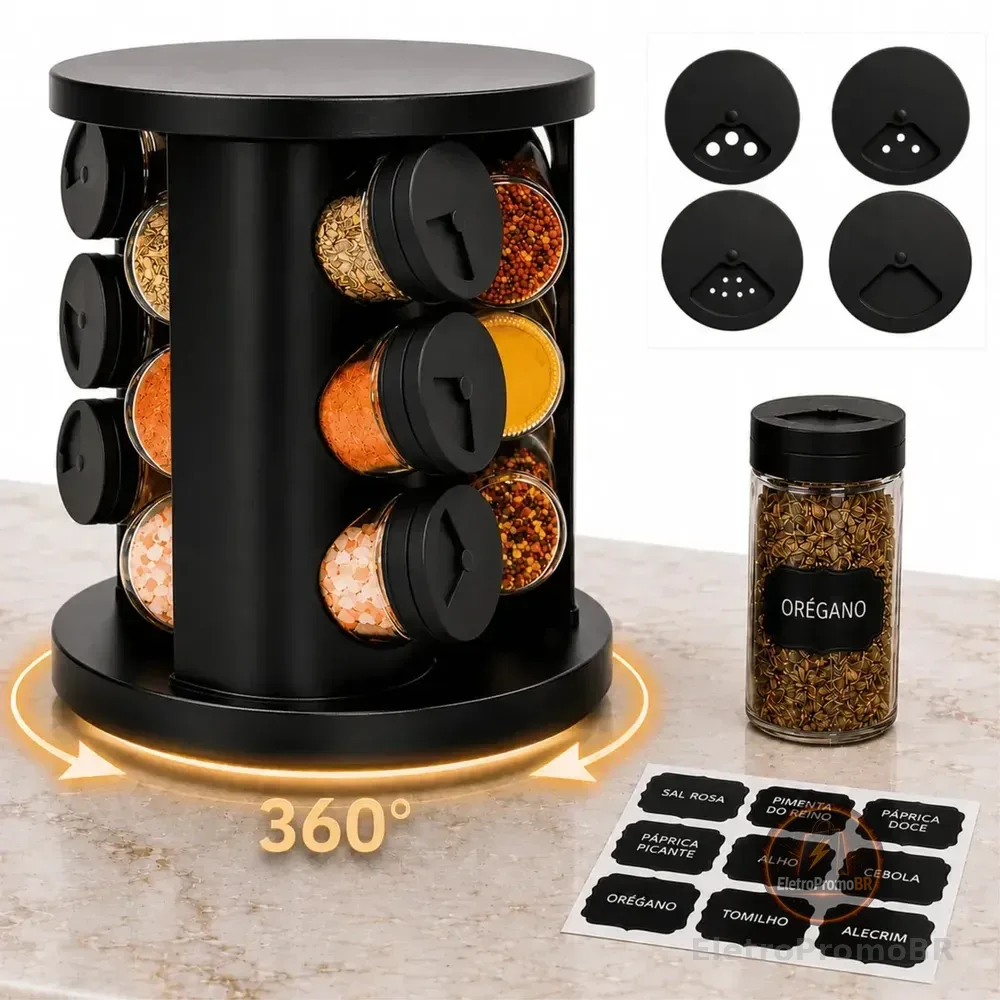 Porta Temperos Condimentos 9 Potes De Vidro Base Giratória 360° 9 Etiquetas Adesiva Organizador Cozinha Dosador Suporte Bancada Mesa Orégano Sal Páprica Pimenta Indue Variedades Preto