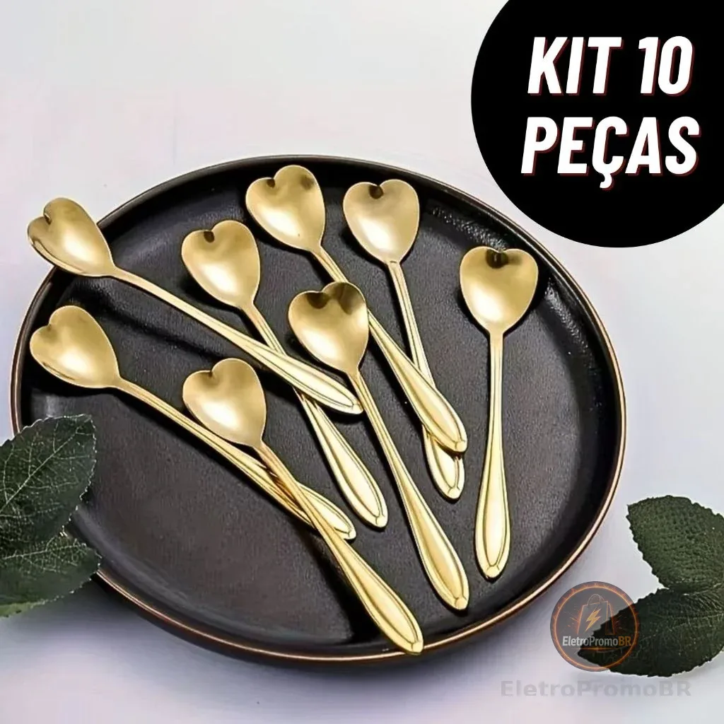 Kit 10 Colheres Mesa Posta Coração Fofa Douradas Aço Inoxidável