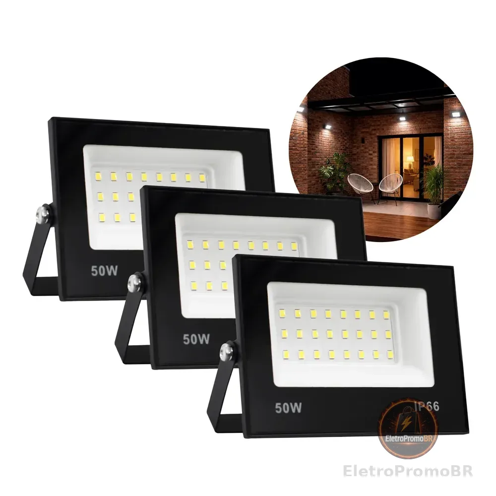 Kit 3 Refletor Led 50w Holofote Bivolt Prova D'água Frio 110v/220v (bivolt) Preto Branco-frio