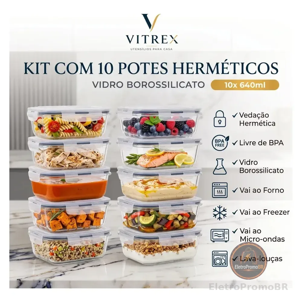 Kit 10 Pote De Vidro Marmita Hermético 640ml Freezer Fitness Vitrex Branco