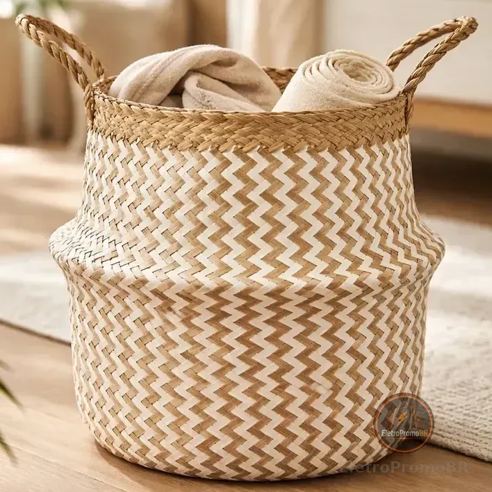 Cesto Decorativo Organizador Seagrass Dobrável C/ Alças 33cm Cesto Branco E Natural