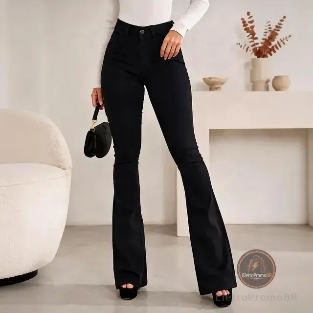 Calça Jeans Flare Feminina Cintura Alta Com Elastano