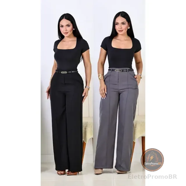 Kit 2 Calça Pantalona Feminina Alfaiataria Elegante C/ Cinto