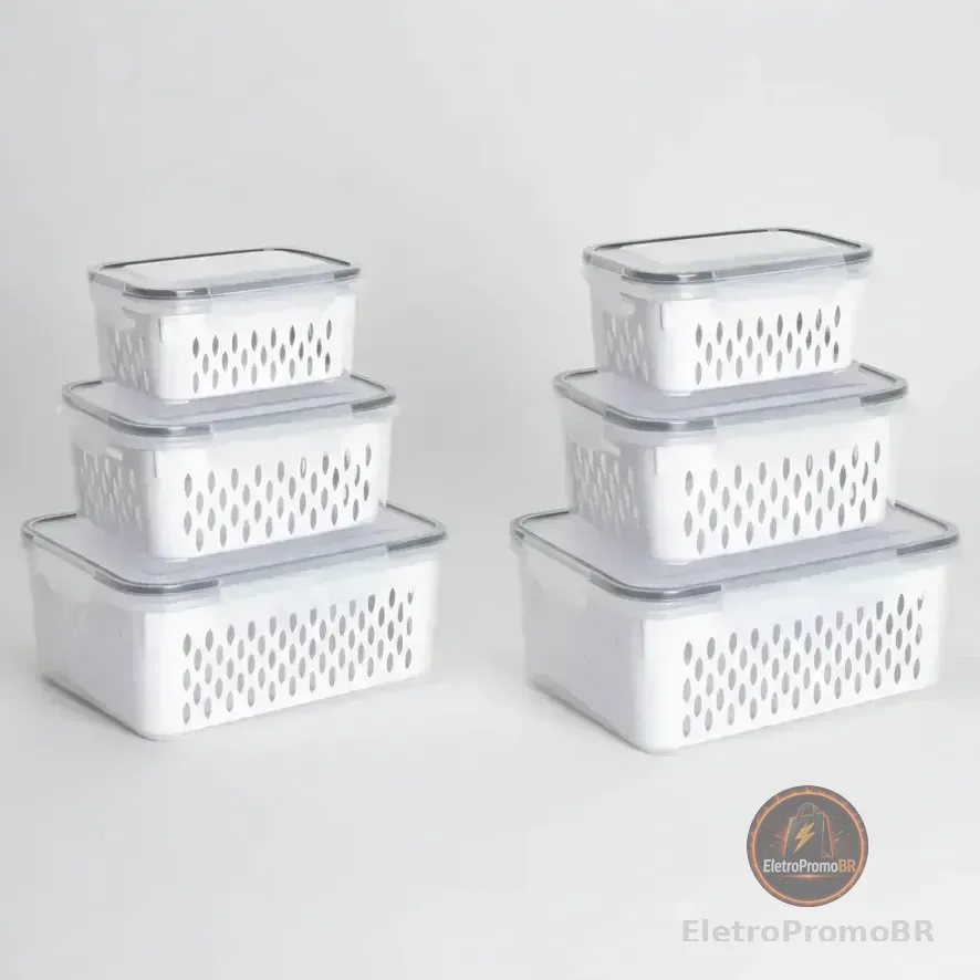 Kit 6 Organizadores Geladeira Alimentos Vegetais Com Tampas Branco-6pcs