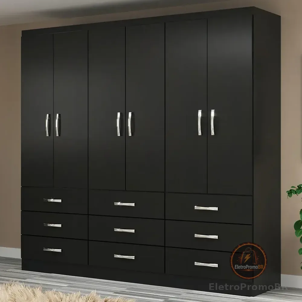 Guarda Roupa Casal 6 Portas 9 Gavetas Bergamo Evidência Cor Preto