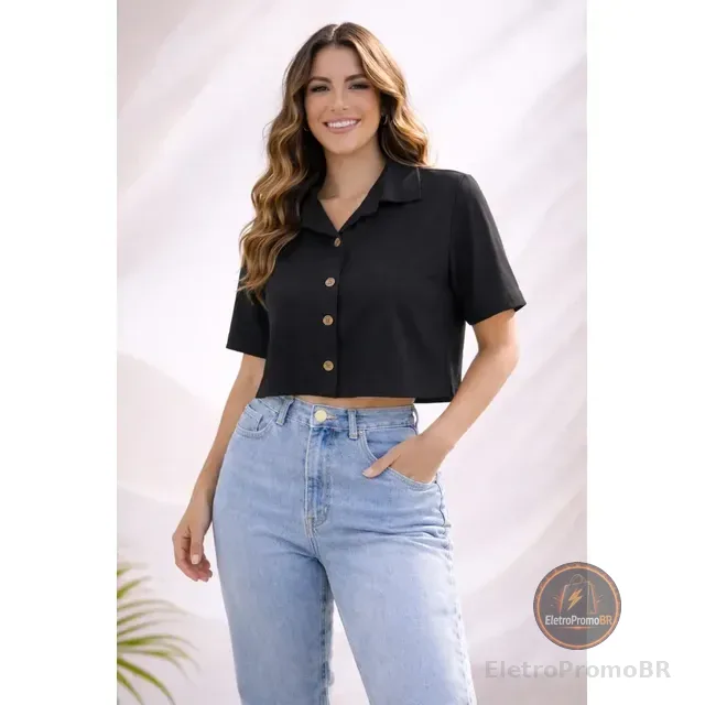 Blusinha Feminina Camisa Social Cropped Botões Manga Curta