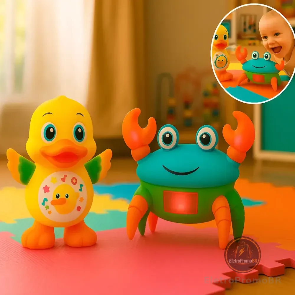 Kit Brinquedo Pato Dançante E Caranguejo Fujão Infantil Com Música Luz Movimento Educativo Combo Patoguejo Ligeiro