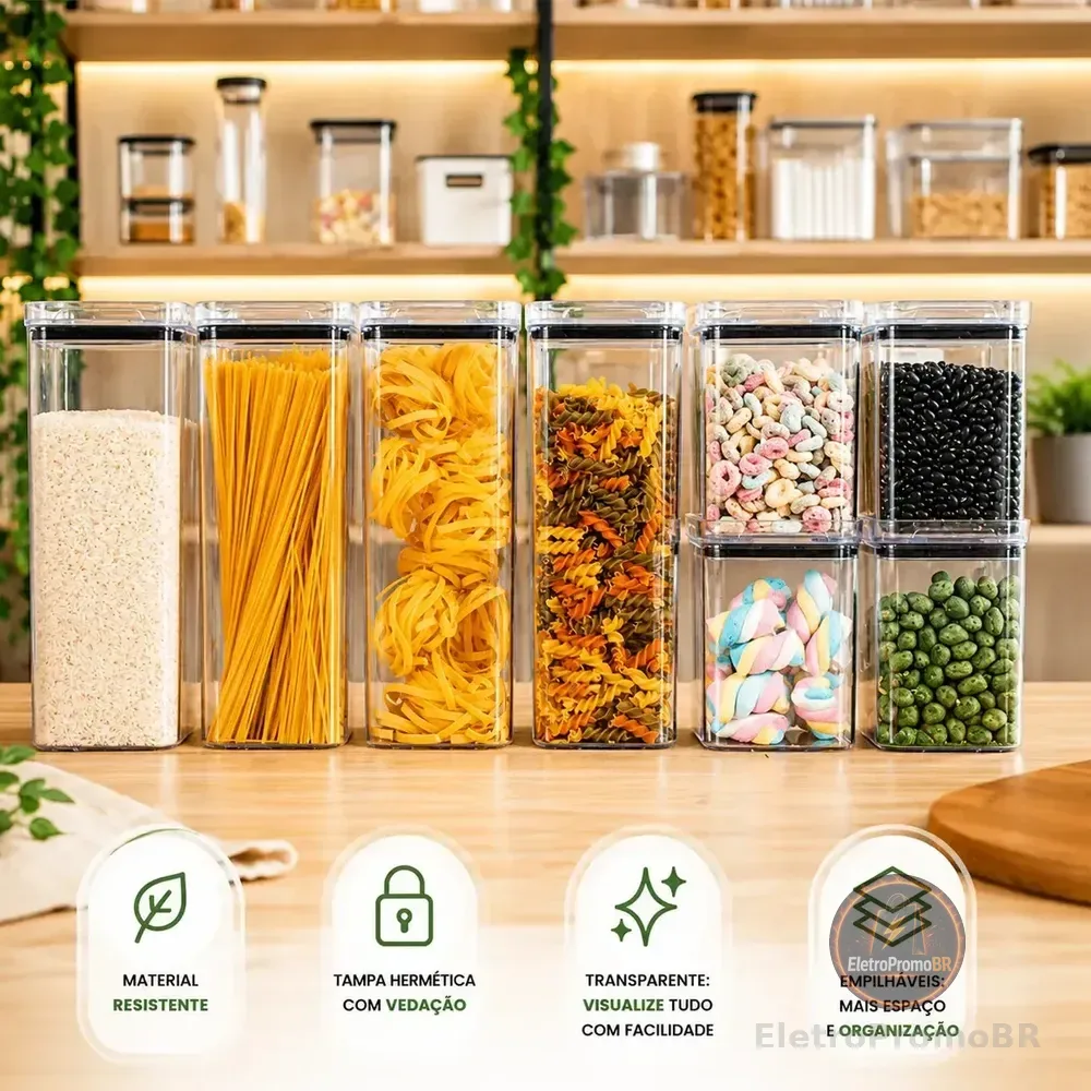 Kit 8 Potes Herméticos Mantimentos Quadrado Cozinha Tampa Vedação Hermética Amobox