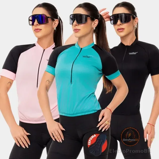 Kit Mulher Camisa Ciclista + Short Bike Acolchoado Roupa Uv