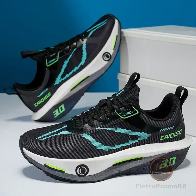 Tênis De Corrida Caiqiss Com Placa De Fibra De Carbono Preto Geométrico 37