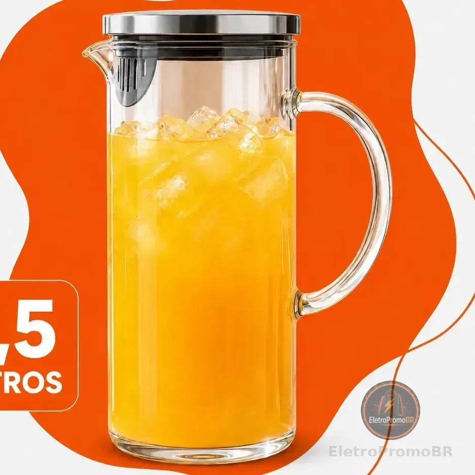 Jarra De Vidro Borossilicato 1,5 Litros Tampa Inox Hermética Transparente Para Água, Suco, Chá E Bebidas Quentes E Geladas
