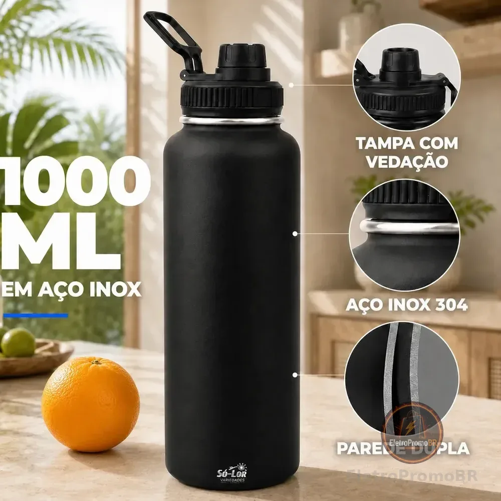 Garrafa Térmica 1000ml Aço Inox 304 Squeeze Isolada Vácuo Com Alça E Bico Para Água Gelada Esporte Academia Sólar Preto