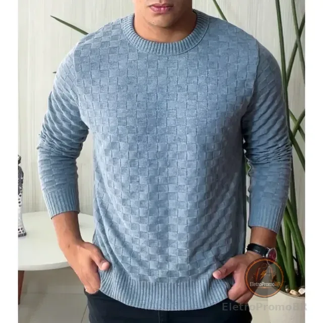 Blusa De Frio Masculina Trico Suéter Lã Gola Careca Xadrez