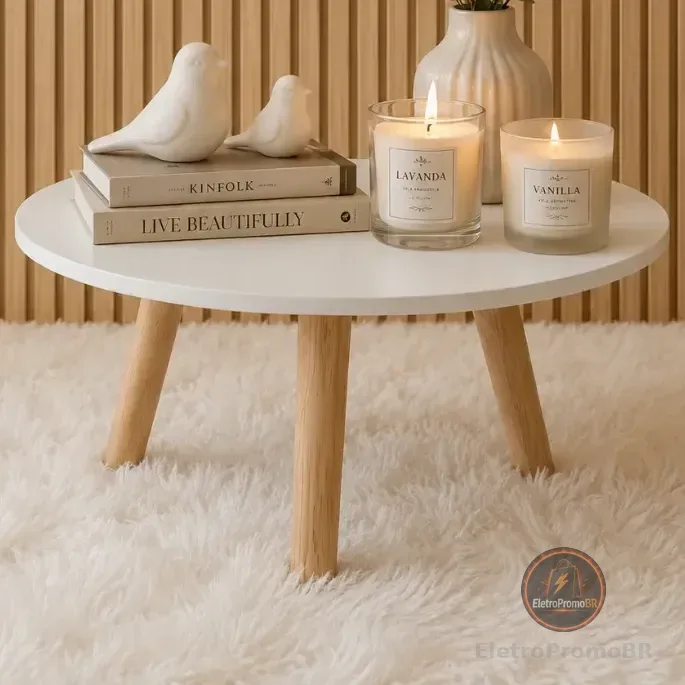 Mesa De Centro Redonda Compacta Branca Mdf Pés De Pinus Branco