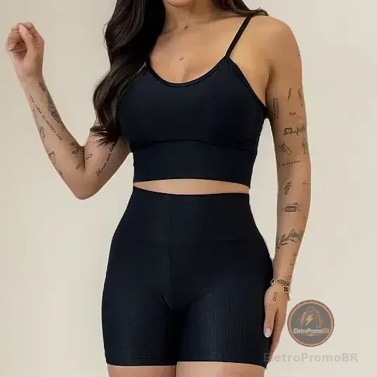 Conjunto De Short E Top Fitness Canelado Premium Acetinado