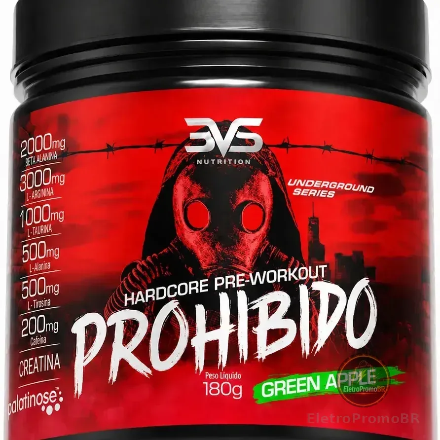 Pré Treino Prohibido 180g Sabor Green Apple - Fórmula Avançada Contendo Creatina, Beta Alanina, Taurina, L-tirosina, L-alanina, Cafeína, Arginina E Palatinose - Extra Forte Maçã Verde