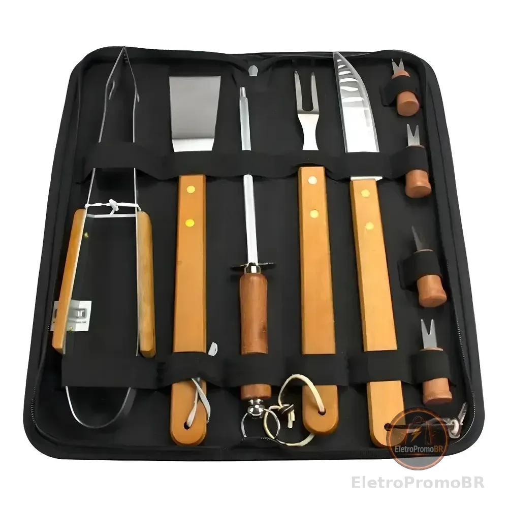 Kit Churrasco 360 De Aço Inoxidável Com 10 Peças