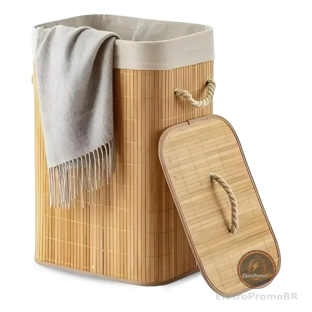 Eps-3903 Cesto Roupa Bambu Retangular Dobrável Com Tampa Alças 60l Bege