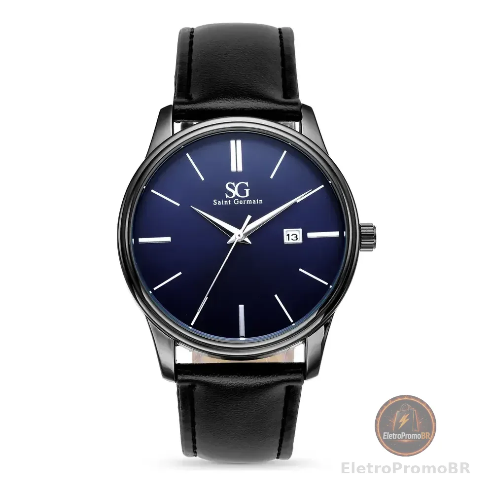 Relógio Masculino Preto Saint Germain Correia De Couro Preto Caixa Preta Fundo Azul Marinho 42mm Elegante Clássico