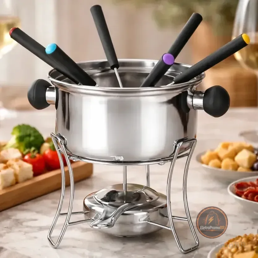 Aparelho Para Fondue Inox 10 Peças Inclui Fogareiro E Base 6 Garfos Prateado