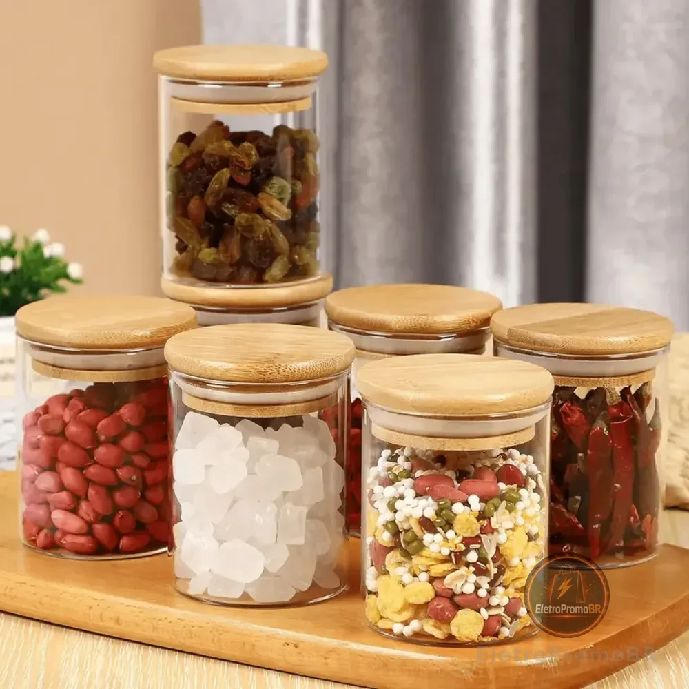 Kit 6 Pote Vidro Porta Temperos Hermético Cozinha Organiza Vidro/tampa De Bambu