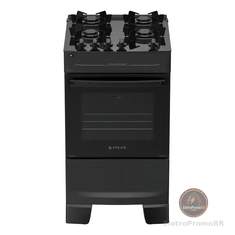 Fogão 4 Bocas Atlas Mônaco Top Glass Automático Mesa De Vidro Preto 127/220v