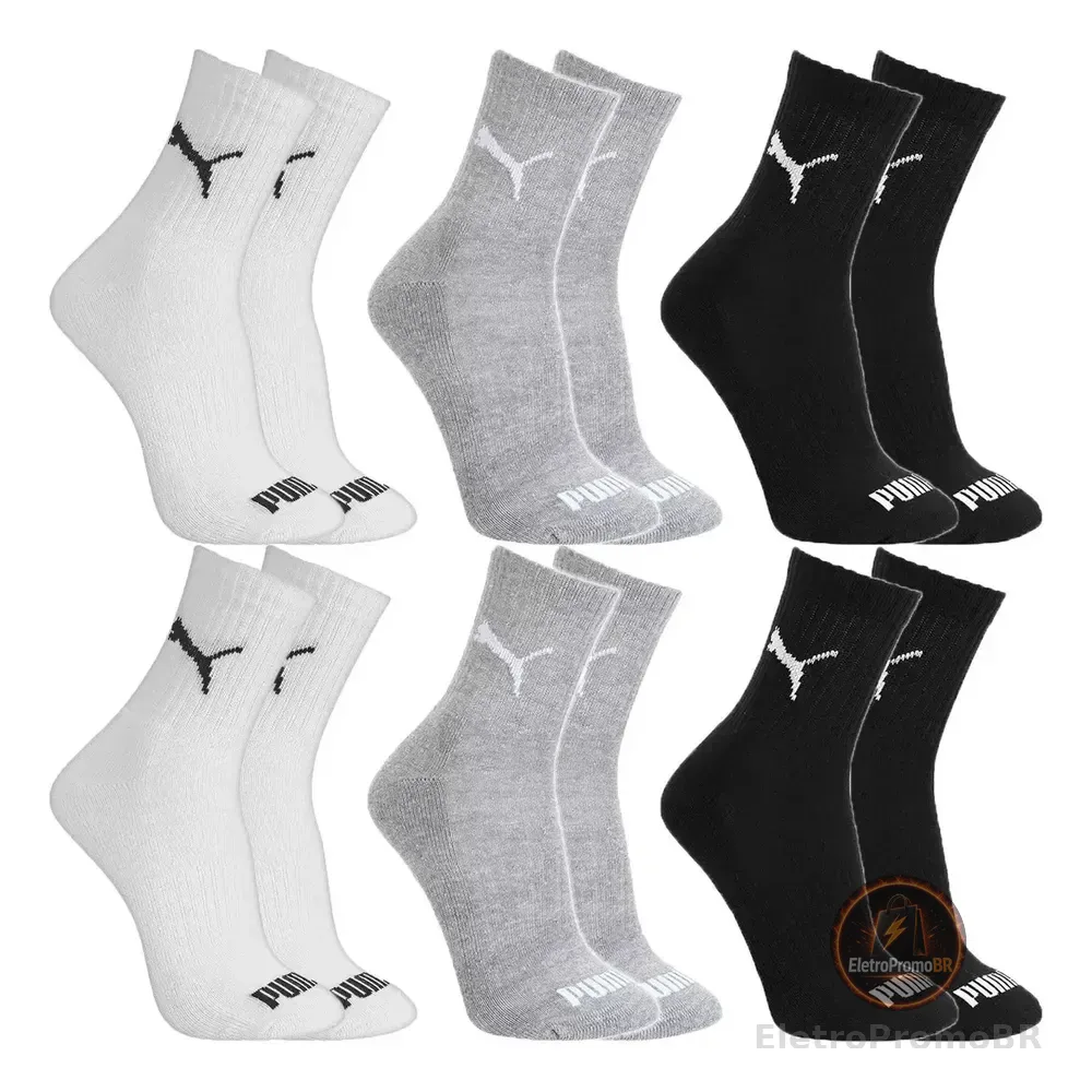 Kit 6 Pares Meias Puma Cano Médio Alto Atoalhada Original 2 Brancas 2 Cinzas E 2 Pretas 34-39