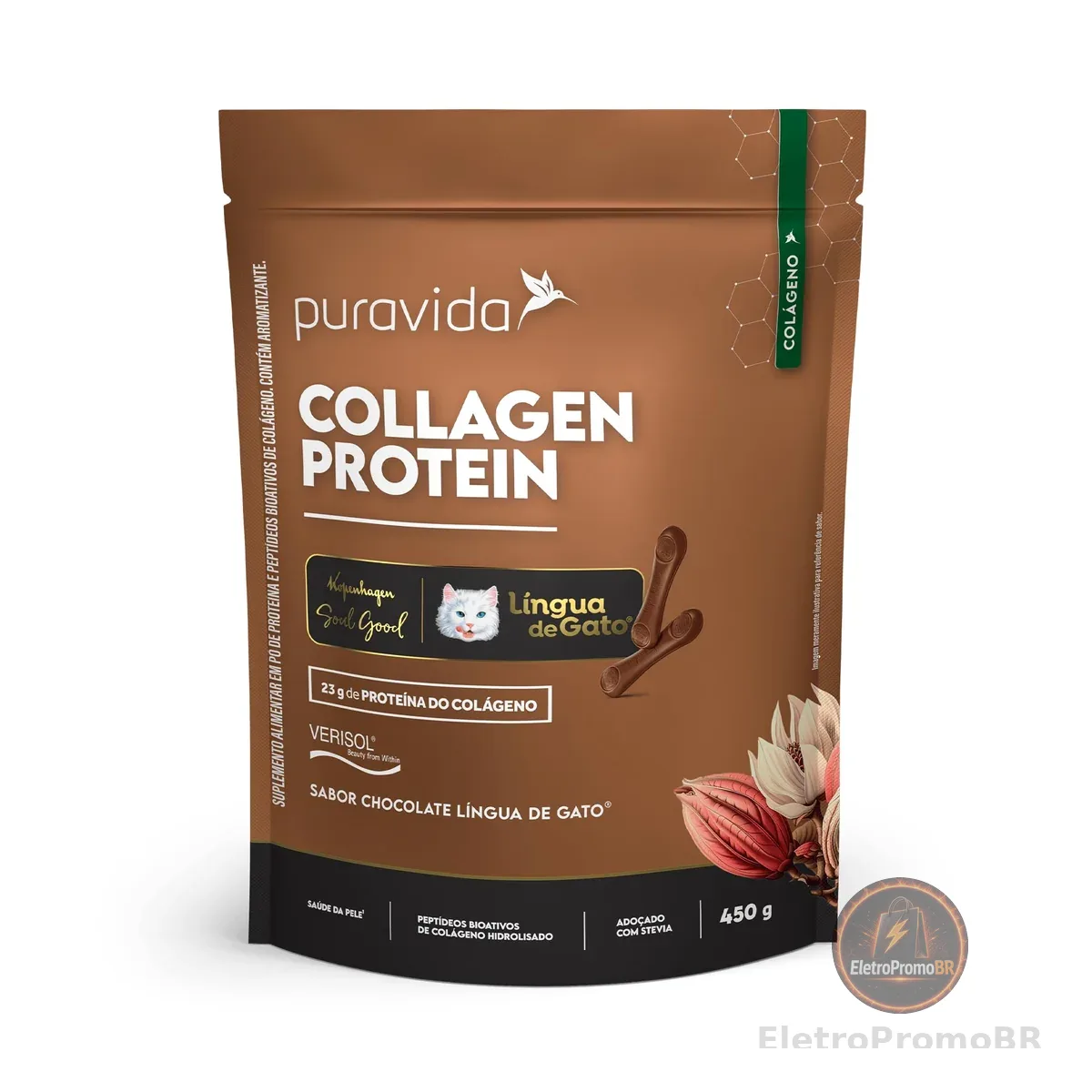 Puravida Colágeno Protein 23g de Proteínas Kopenhagen Língua de Gato Chocolate 450g