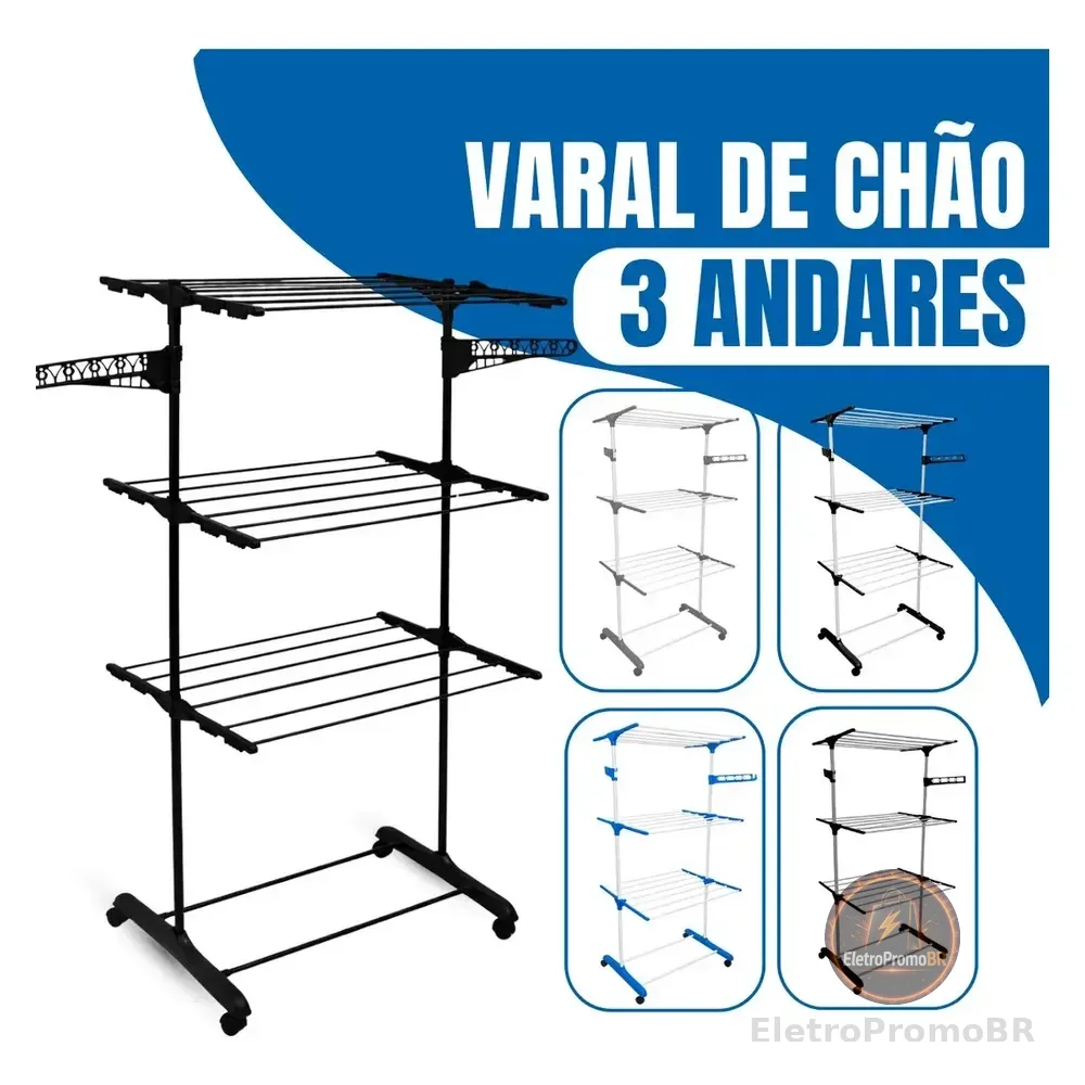 Varal De Chão Epsilon 3 Andares Dobrável Com Rodas Preto/preto