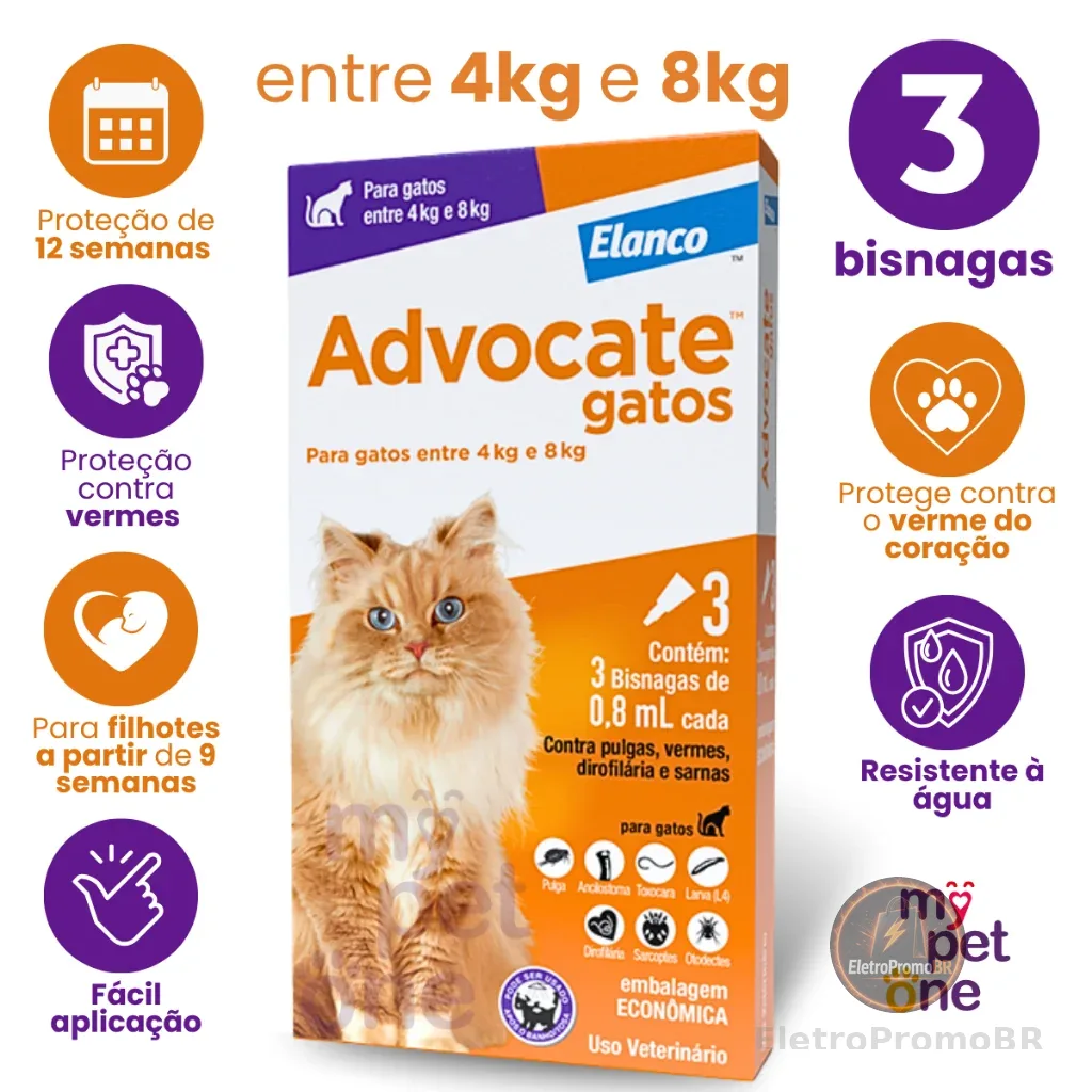 Advocate Elanco 0,8 mL para Gatos de 4 a 8 Kg - 3 Bisnagas