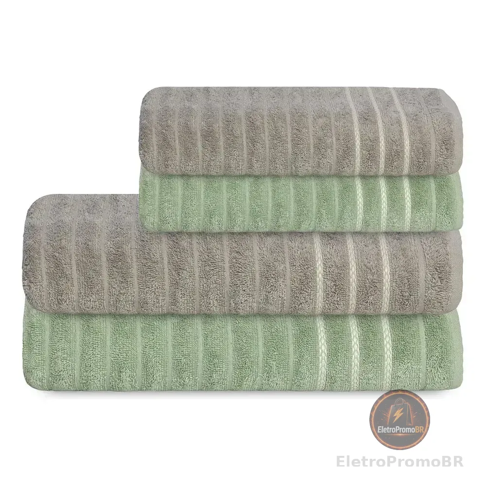 Jogo Toalha Oceane 450g/m² 4pç 2 Banho 2 Rosto Camesa Bege Com Verde Lisa
