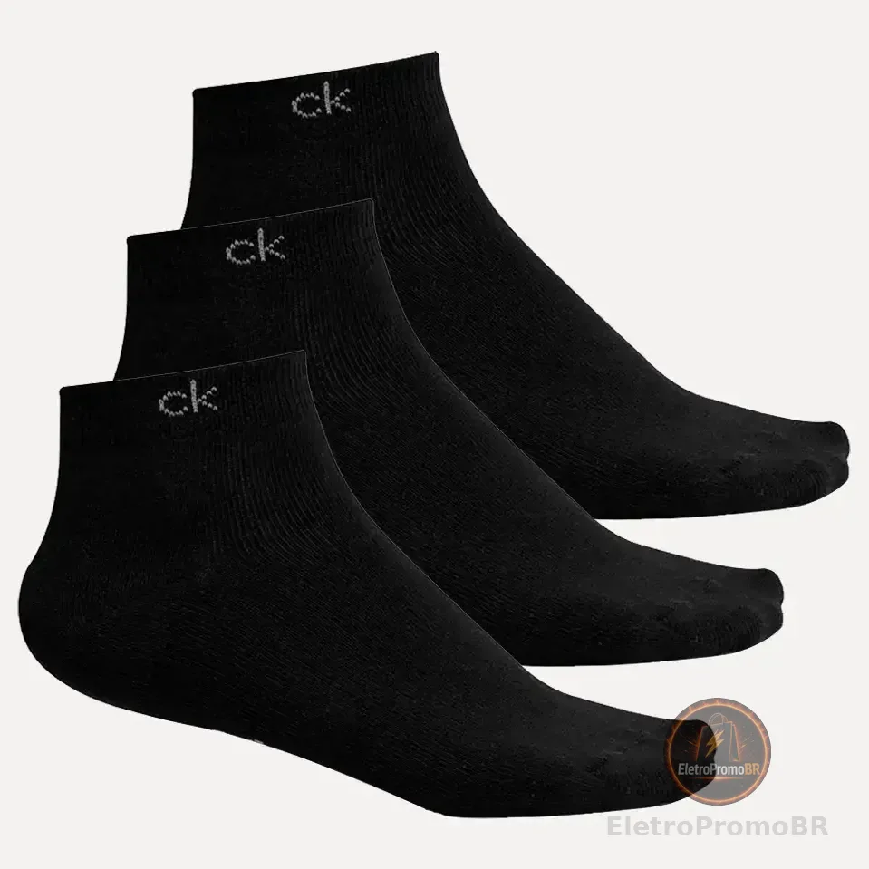 Meia Calvin Klein Cano Curto Ck Preta Kit 3 Pares Preto Un