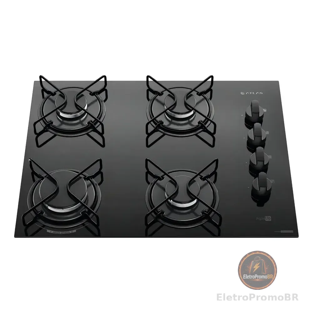 Cooktop 4 Bocas Atlas Agile Up Mesa Vidro Mega Chama Bivolt Preto