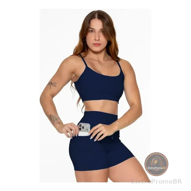Conjunto Poliamida Top Alcinha Short Com Bolso Cintura Alta