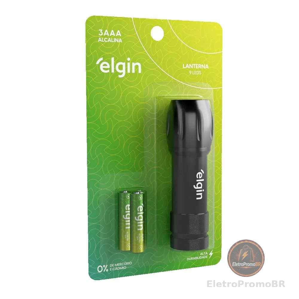 Lanterna de Bolso 9 leds Elgin 3 Pilhas Alcalinas AAA Comum Inclusas Preta