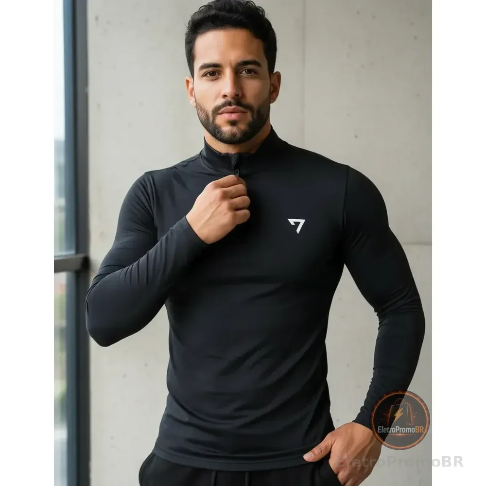 Camisa Térmica Masculina Segunda Pele Manga Longa Com Zíper Preto M