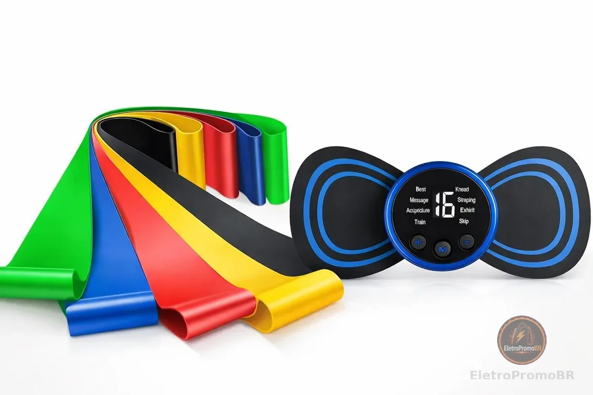 Kit com 5 Faixas Elásticas para Exercícios + Mini Massageador Elétrico | Bandas de Resistência, Tonificação Muscular, Yoga e Fisioterapia, Treinamento Físico e Alongamento