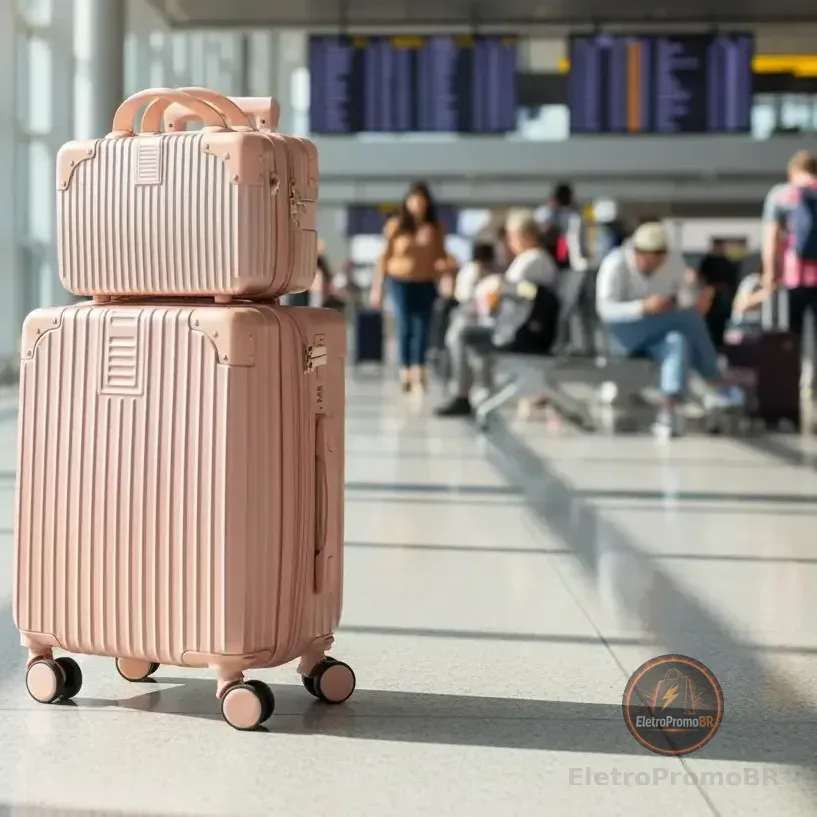 Mala De Viagem 10kg Promoção Rodas 360° Miami Com Frasqueira Rosa Listras