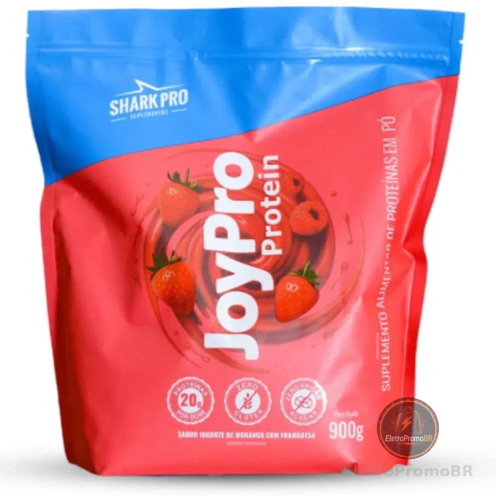 Shark Pro JoyPro Whey Protein Refil Iogurte de Morango c/Framboesa, Concentrado do Soro de Leite, Colágeno Hidrolisado, Zero Glúten, 20g Proteína, 27 Porções, 900g, Recuperação Muscular