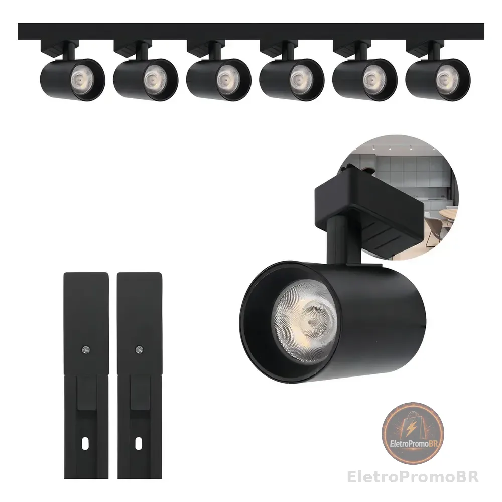 Kit Trilho Eletrificado Preto 2m Com 6 Spots Led 10w Luz Fria 6000k 127/220v