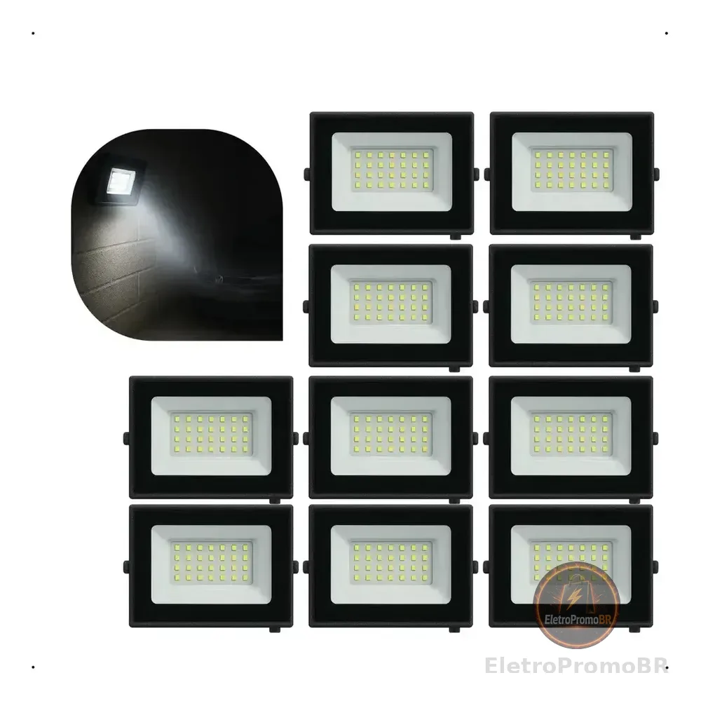 Kit 10 Refletores Led Grm Eco Pro 100w Com Luz Branco-frio 127/220v Preto