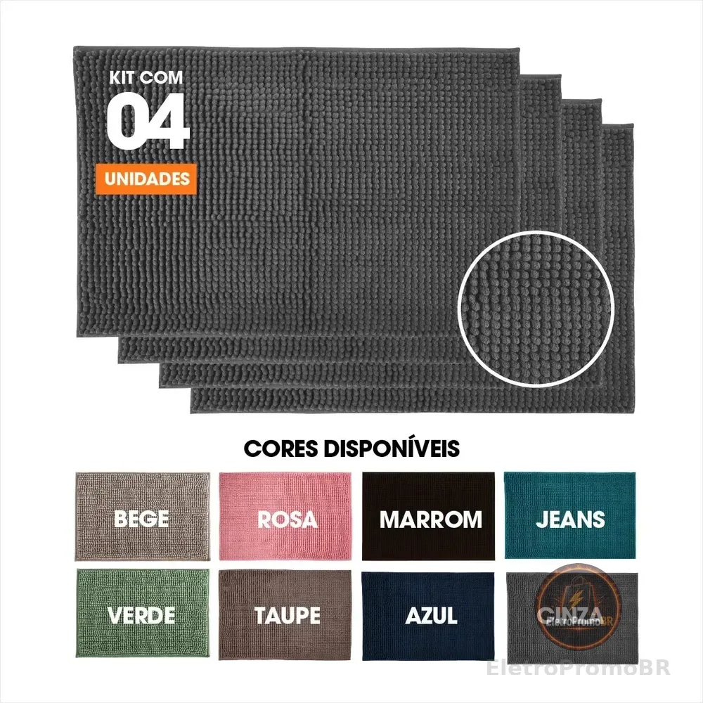 Kit 4 Tapetes Para Banheiro Microfibra Chenille Macarrãozinho Bolinha Super Macio Fofinho Antiderrapante Cinza