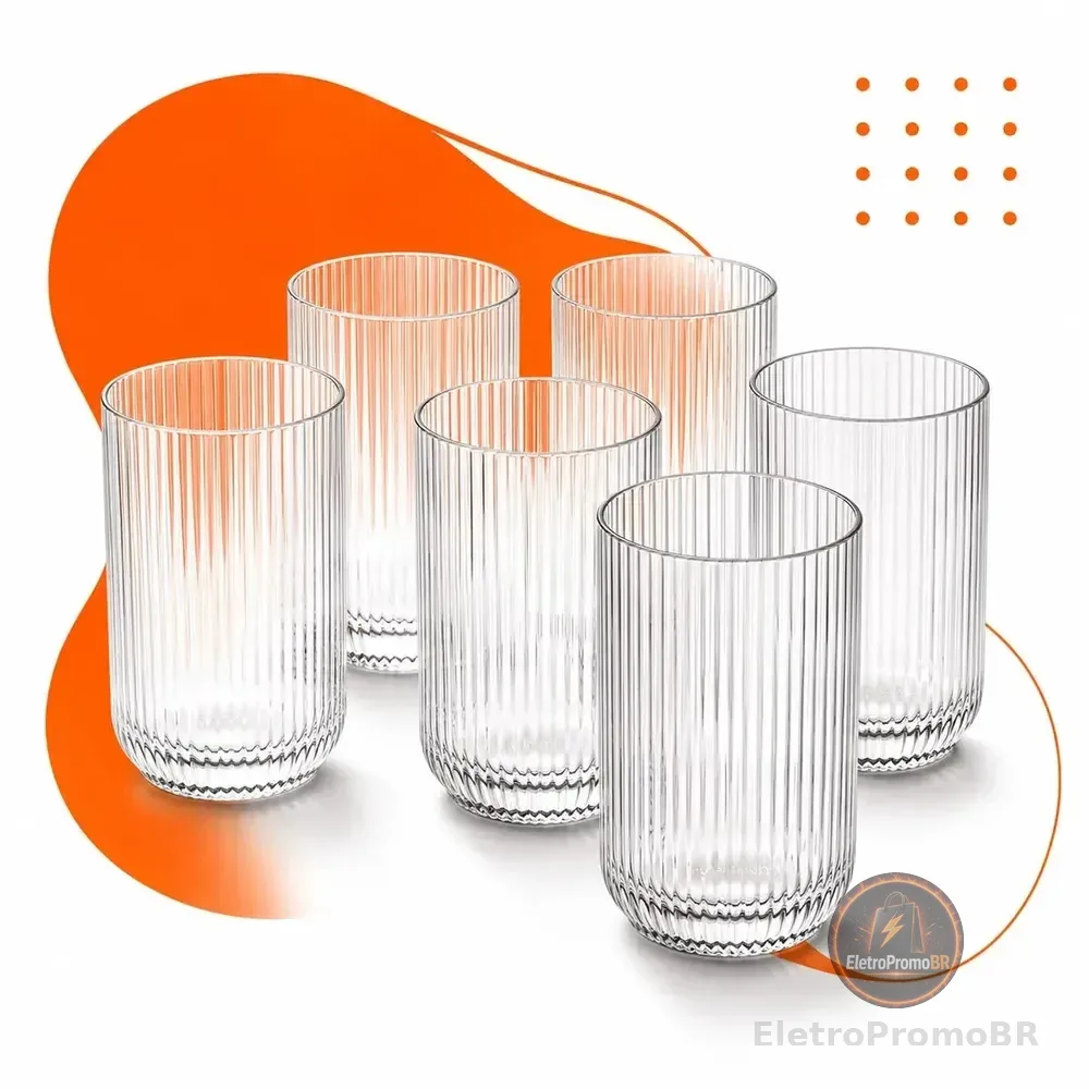 Jogo 6 Copos Vidro Canelado 423ml Moderno Elegante Premium Vinho Água Suco Drinks Gin Whisky Jogo Copos Taça Copo Conjunto Design Luxo Texturizado Cozinha Restaurante Decoração Hold On