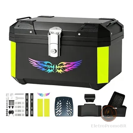 Baú Para Moto 65l Com Encosto Suporte Universal Top Case Traseiro Impermeável Para 2 Capacetes Preto
