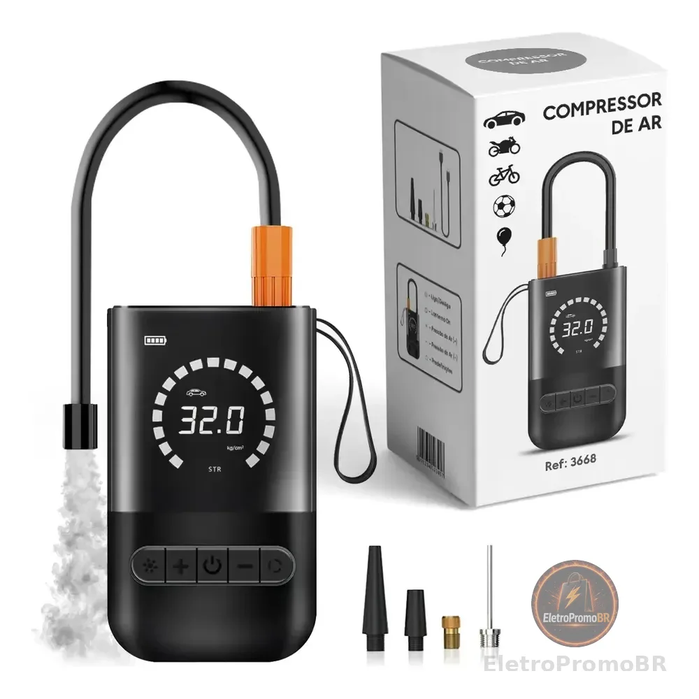 Mini Compressor Ar Portátil Digital Recarregável B&g Com Lanterna 150psi Negro