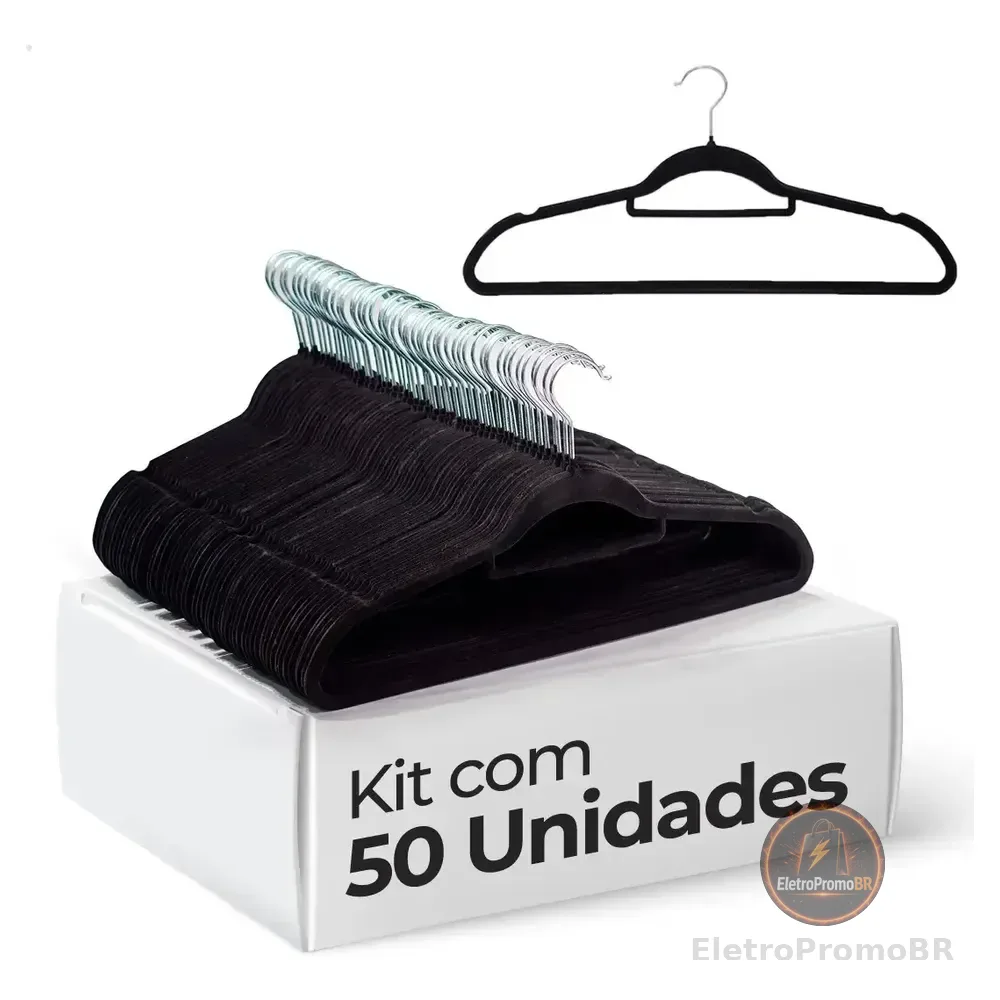 Vittak Kit 50 Cabides Veludo De Roupa Antideslizante Slim Adulto Cor Preto